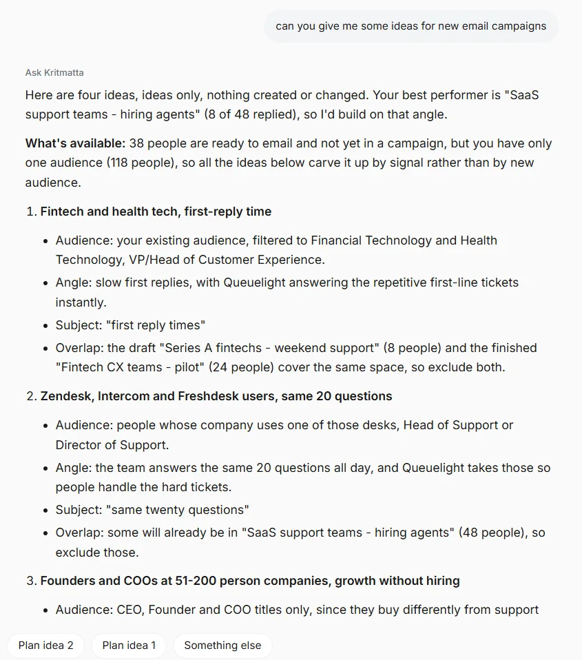 The Ask Vega chat answering a question about a campaign
