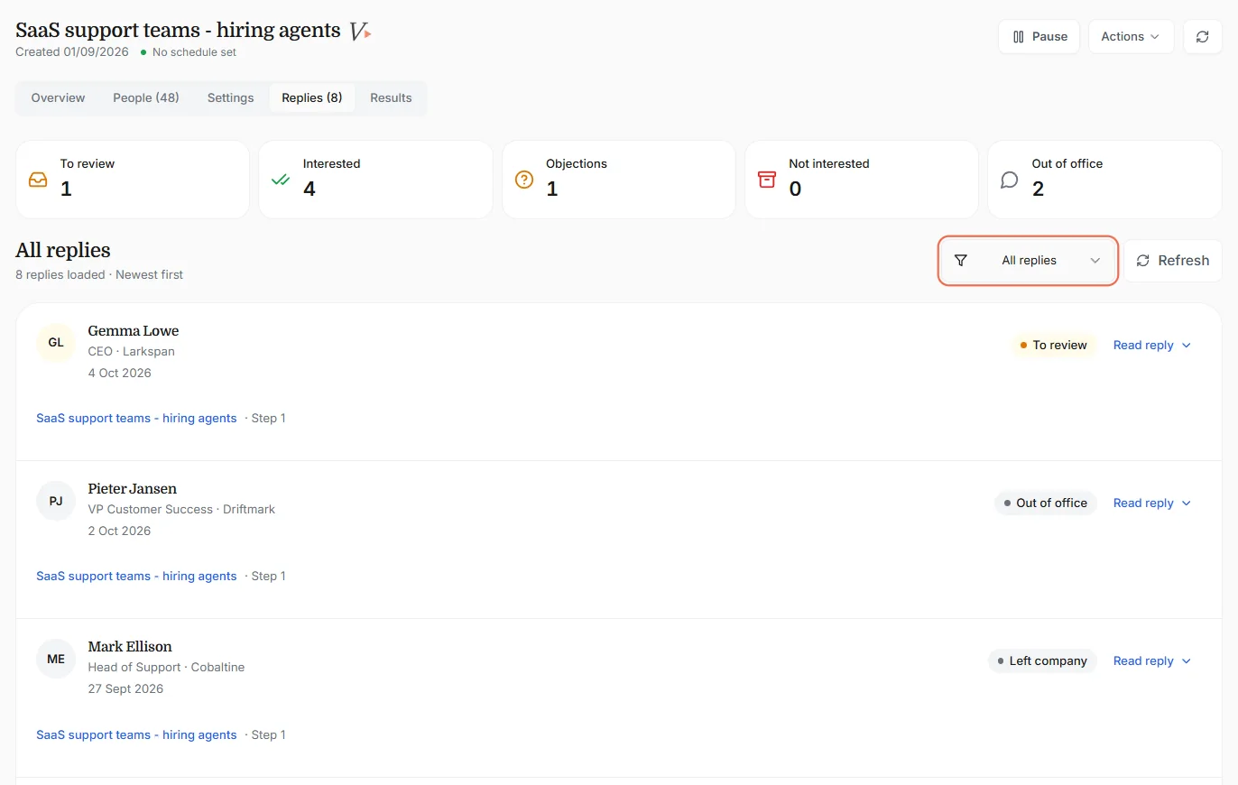 Vega's inbox with replies sorted into Genuine Interest, Objections, Not Interested and Noise/OOO